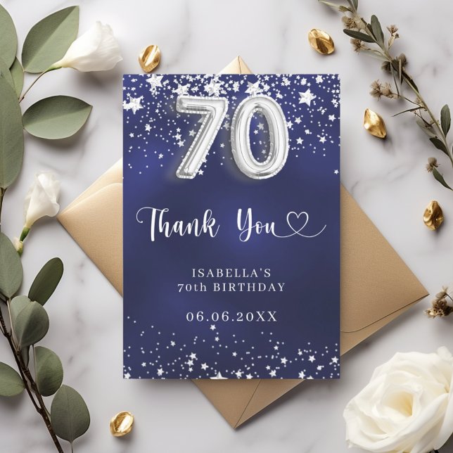 70th birthday navy blue silver stars thank you card (Creator Uploaded)
