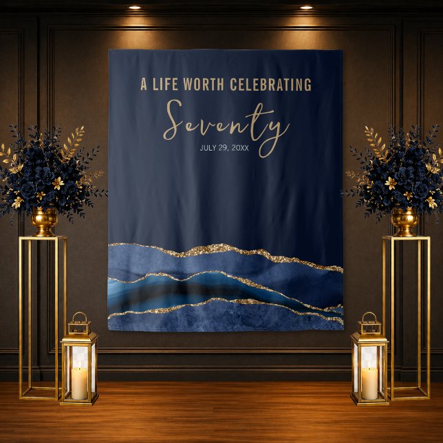 70th Birthday Navy Gold Agate Backdrop (Navy gold 70th birthday backdrop with agate design for elegant luxury party setup)
