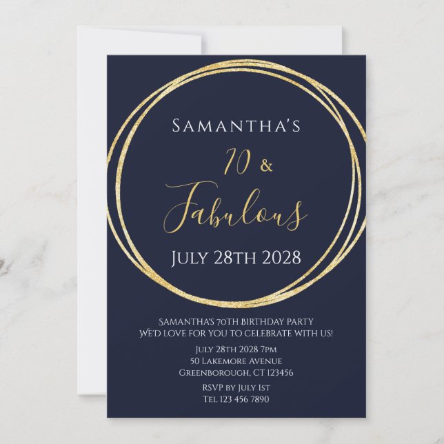 70th Birthday Navy Gold Birthday Invitation (Front)
