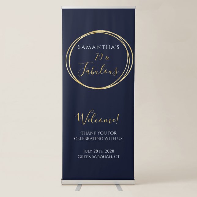 70th Birthday Navy Gold Birthday Party Retractable Banner (Front)