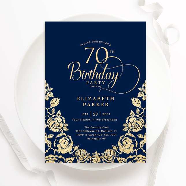 70th Birthday Navy Gold Roses Invitation (Creator Uploaded)