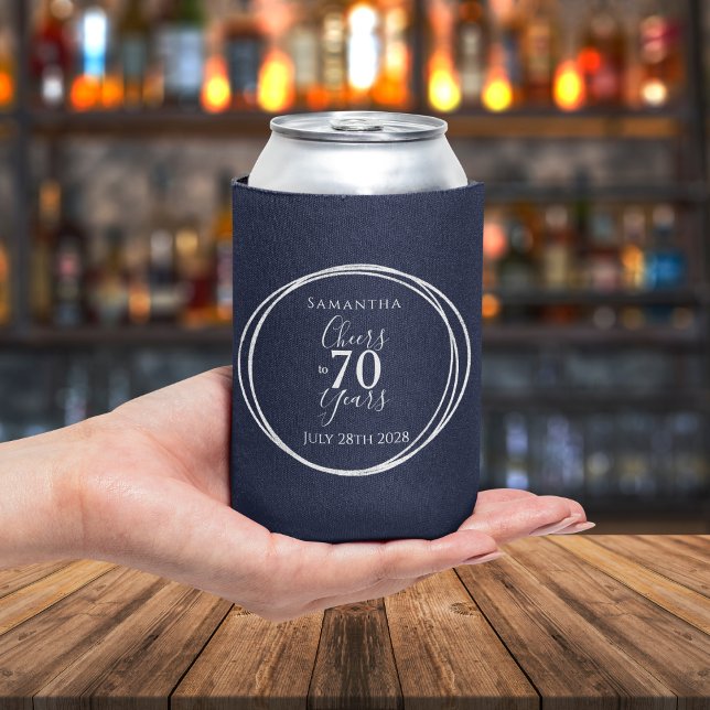 70th Birthday Navy Silver Cheers to 70 Years Can Cooler (Creator Uploaded)