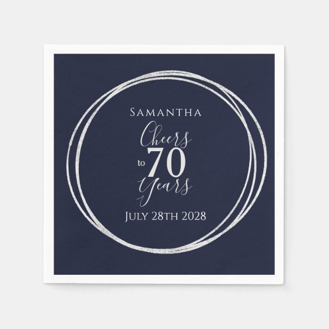 70th Birthday Navy Silver Cheers to 70 Years Party Napkins (Front)