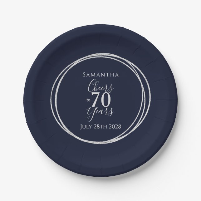 70th Birthday Navy Silver Cheers to 70 Years Party Paper Plates (Front)