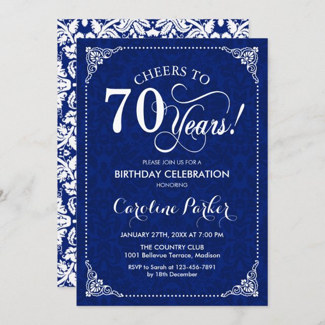 70th Birthday - Navy White Damask Invitation (Front/Back)