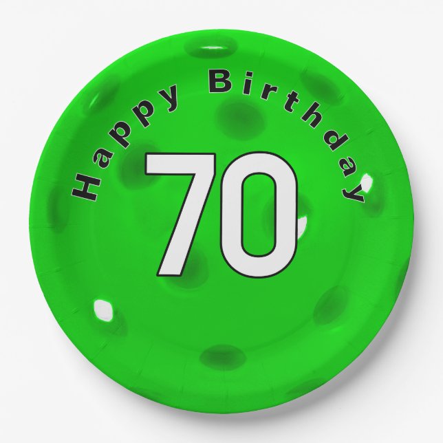 70th Birthday Neon Green Pickleball Paper Plates (Front)