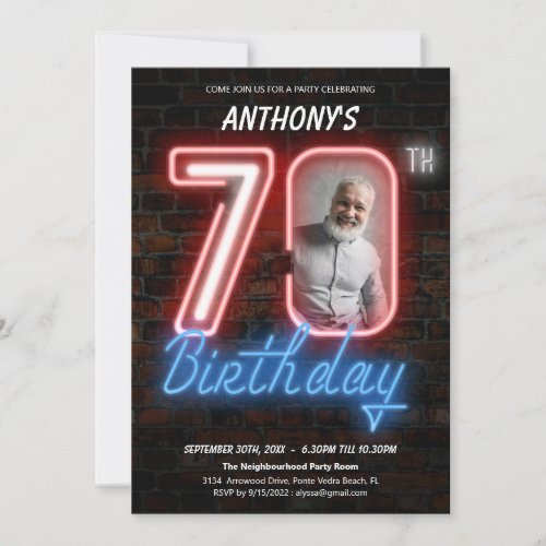 70th Birthday Neon Lights 80s Retro Custom Photo  Invitation