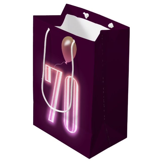 70th Birthday Neon Sign and Balloon Medium Gift Bag (Front Angled)