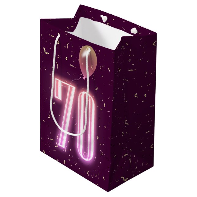 70th Birthday Neon Sign and Confetti Medium Gift Bag (Front Angled)