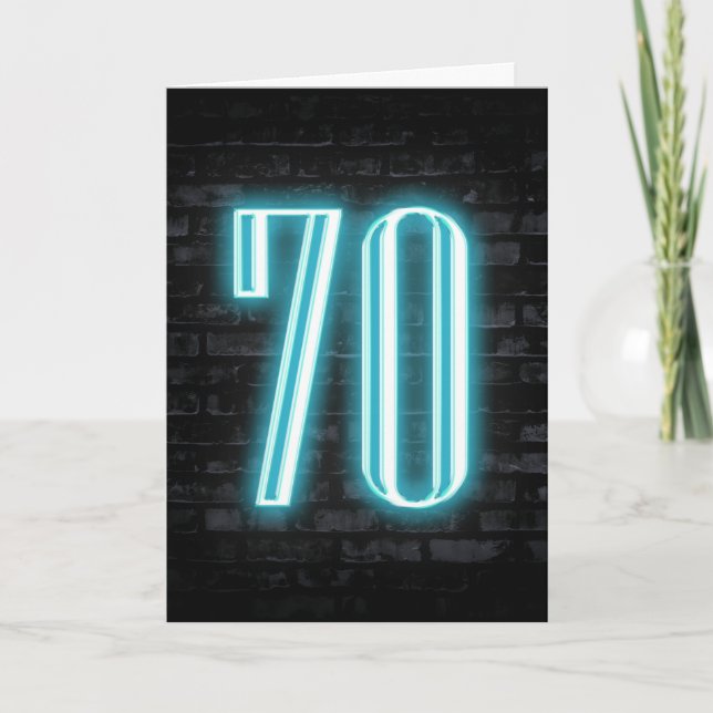 70th Birthday Neon Sign on Brick  Card (Front)