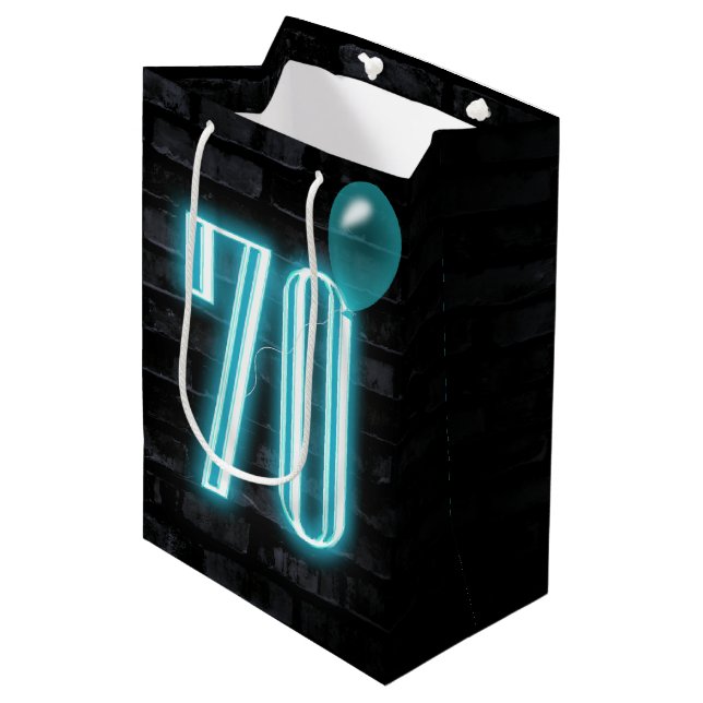 70th Birthday Neon Sign on Brick  Medium Gift Bag (Front Angled)