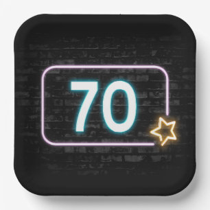 70th Birthday Neon Sign On Brick  Paper Plates