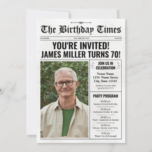 70th Birthday Newspaper Invitation with Program 