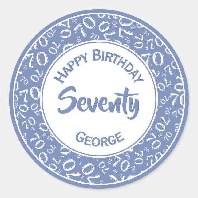 70th Birthday Number 70 Pattern Blue and White Classic Round Sticker (Front)