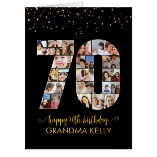 70th Birthday Number 70 Photo Collage Black Gold Card