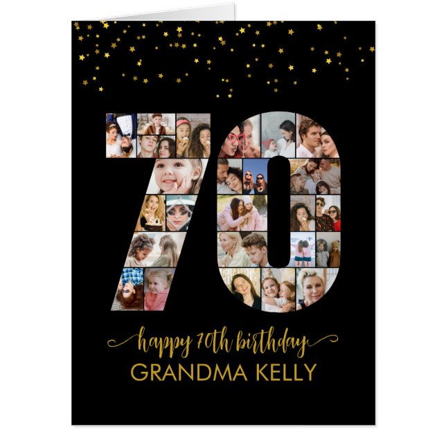 70th Birthday Number 70 Photo Collage Black Gold Card (Front)