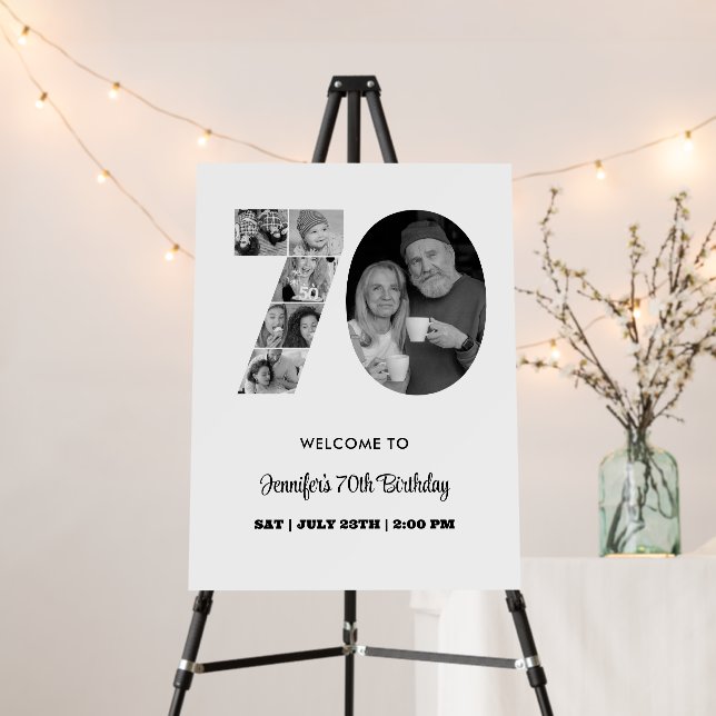 70th Birthday Number 70 Photo Collage Black White Foam Board (In Situ (Stand))