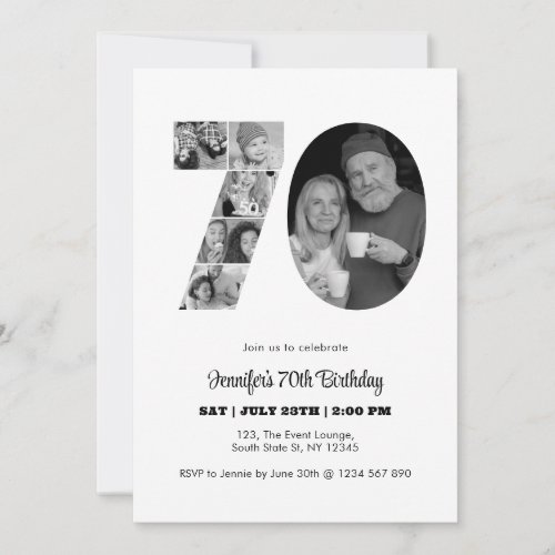 70th Birthday Number 70 Photo Collage Black White Invitation