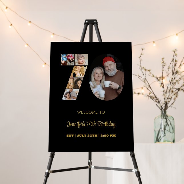 70th Birthday Number 70 Photo Collage Modern Black Foam Board (In Situ (Stand))
