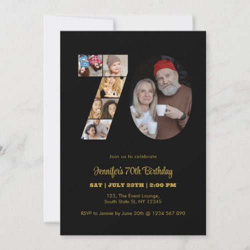 70th Birthday Number 70 Photo Collage Modern Black Invitation