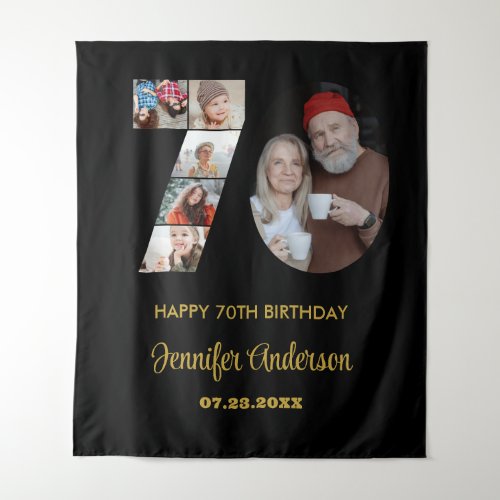 70th Birthday Number 70 Photo Collage Modern Black Tapestry