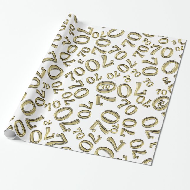 70th Birthday Number Pattern Gold and White (L) Wrapping Paper (Unrolled)