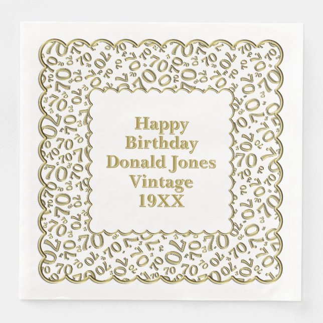 70th Birthday Number Pattern Scallops Gold/White Paper Dinner Napkins (Front)