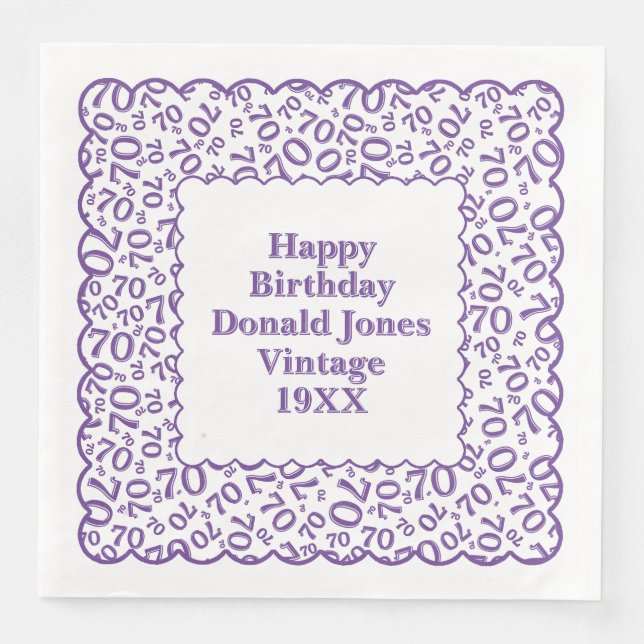 70th Birthday Number Pattern Scallops Purple/White Paper Dinner Napkins (Front)