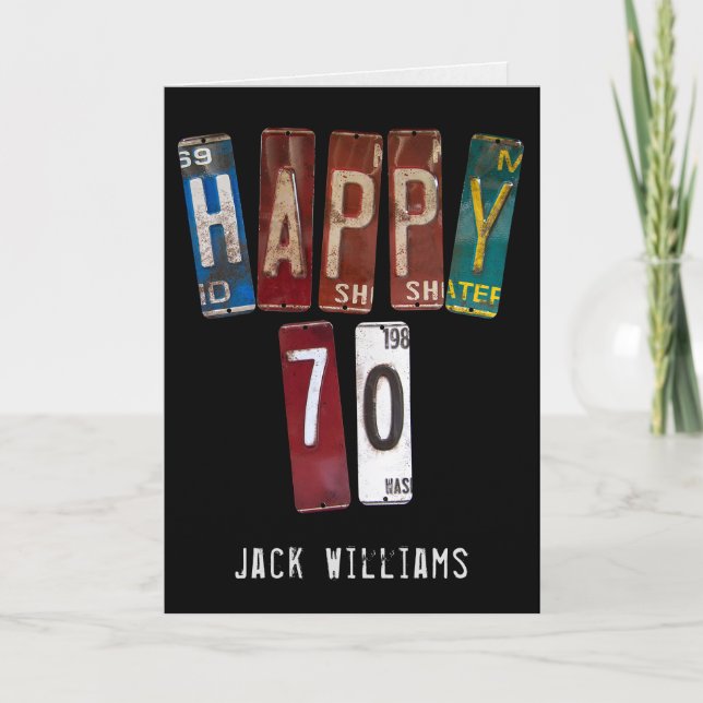 70th birthday old car license plates card (Front)