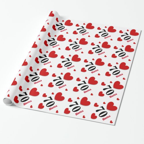 70th Birthday or ANY YEAR Custom Name RED HEARTS Wrapping Paper