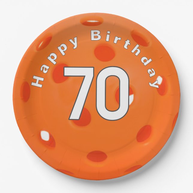 70th Birthday Orange Pickleball Paper Plates (Front)