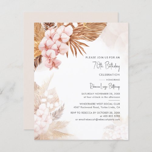 70th Birthday Pampas Grass Floral Party Invitation