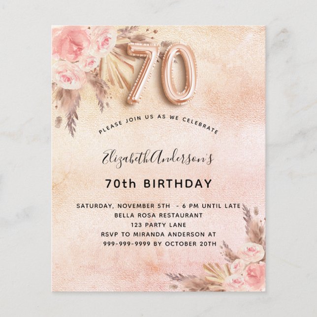 70th birthday pampas grass rose budget invitation flyer (Front)