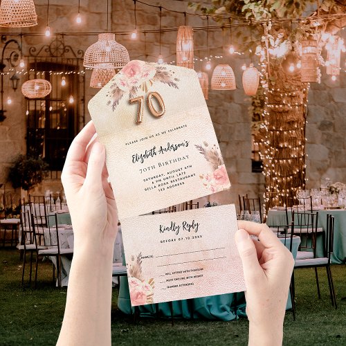 70th birthday pampas grass rose pink florals RSVP All In One Invitation