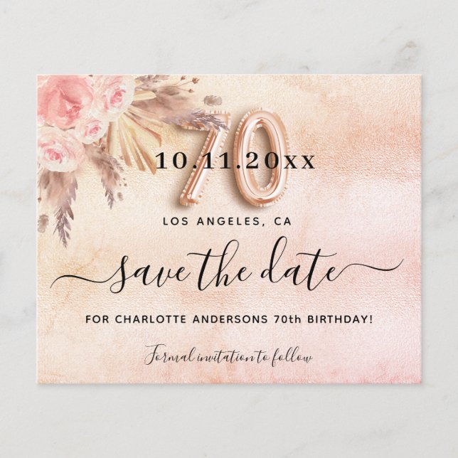 70th birthday pampas rose save the date budget flyer (Front)