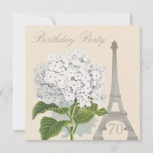 70th Birthday Paris Vintage White Hydrangea Flower Invitation