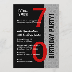 70th Birthday Part Modern Red Silver Black W1792B Invitation