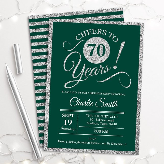 70th Birthday Party - ANY AGE Green Silver Invitation (Creator Uploaded)