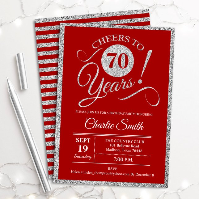 70th Birthday Party - ANY AGE Red Silver Invitation (Creator Uploaded)