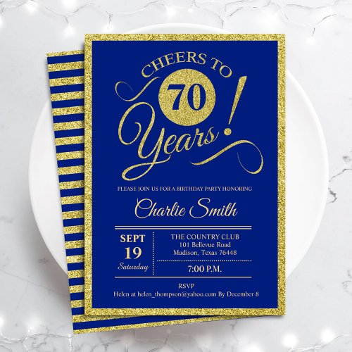 70th Birthday Party _ ANY AGE Royal Blue Gold Invitation