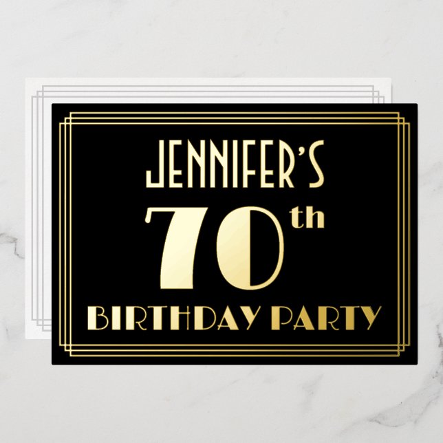 70th Birthday Party: Art Deco Look “70”, w/ Name Foil Invitation (Front/Back)