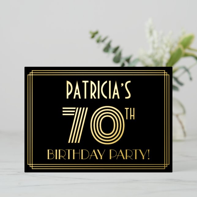 70th Birthday Party — Art Deco Style “70” + Name Foil Invitation (Standing Front)