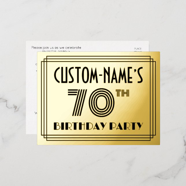 70th Birthday Party ~ Art Deco Style “70” + Name Foil Invitation Postcard (Front/Back)