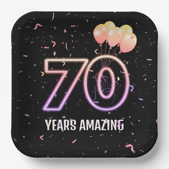 70th Birthday Party Balloons and Confetti Paper Plates (Front)