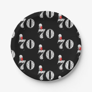 70th birthday party balloons on black paper plates