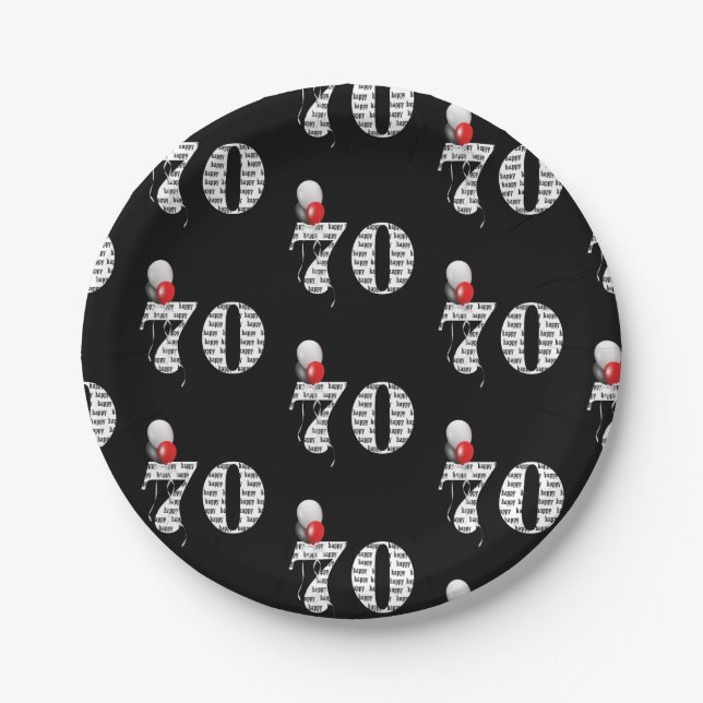 70th birthday party balloons on black paper plates (Front)