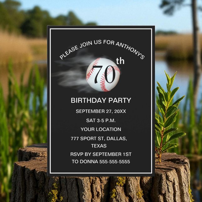 70th Birthday Party Baseball Black Dad Sport  Invitation (Creator Uploaded)