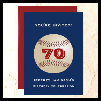 70th Birthday Party  Baseball  Red And Blue  Name Invitation by SocolikCardShop at Zazzle