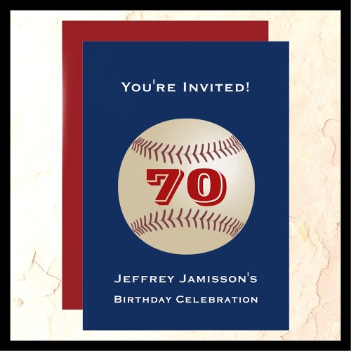 70th Birthday Party Baseball Red and Blue Name Invitation