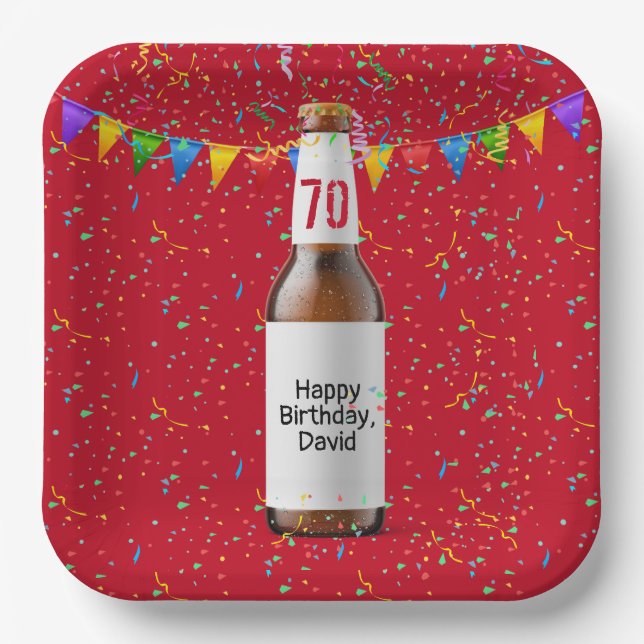 70th Birthday Party Beer Bottle Paper Plate (Front)